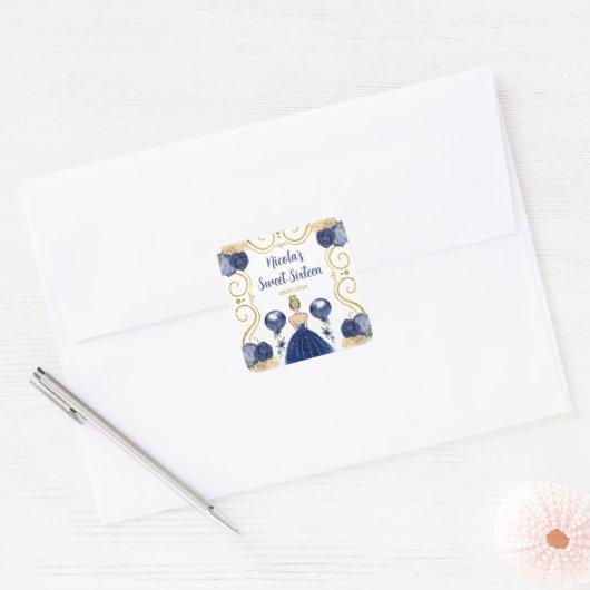 Sweet Sixteen Blonde Princess in Navy Blue Vierkante Sticker (Envelop)