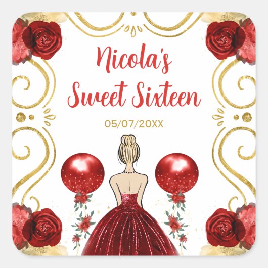 Sweet Sixteen Blonde Princess in Red Vierkante Sticker (Voorkant)