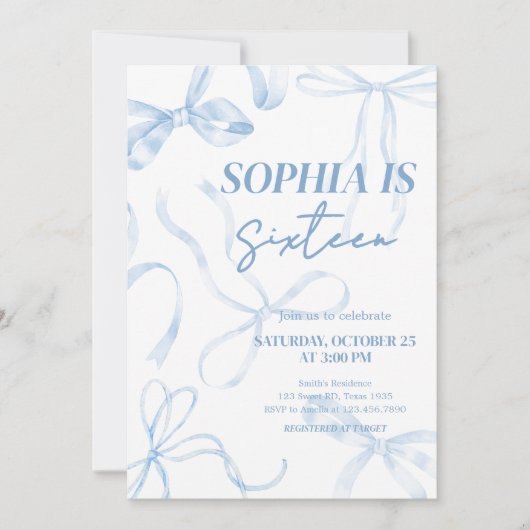 Sweet Sixteen Blue Bow Verjaardagsfeestje Kaart (Voorkant)