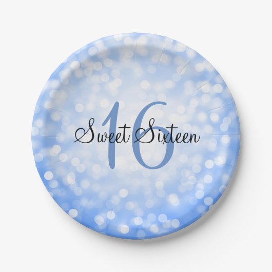 Sweet Sixteen Blue Glitter Lights Papieren Bordje (Voorkant)