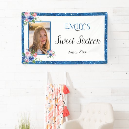 Sweet Sixteen Blue Glitter Waterverf Bloemen Spandoek (Insitu)