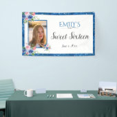 Sweet Sixteen Blue Glitter Waterverf Bloemen Spandoek (Beurs)