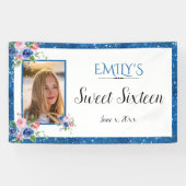 Sweet Sixteen Blue Glitter Waterverf Bloemen Spandoek (Horizontaal)