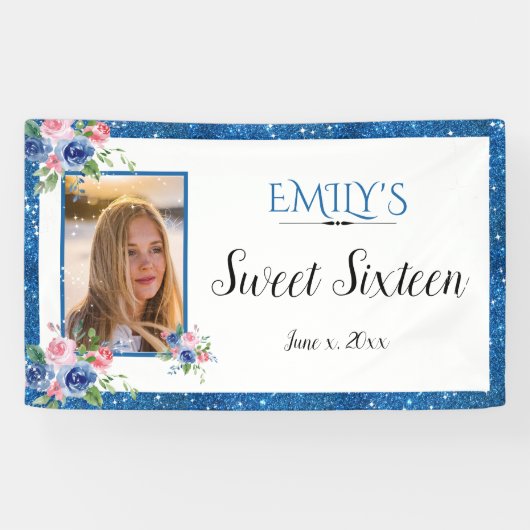 Sweet Sixteen Blue Glitter Waterverf Bloemen Spandoek (Horizontaal)