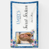 Sweet Sixteen Blue Glitter Waterverf Bloemen Spandoek (Verticaal)