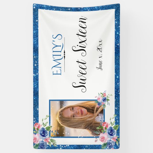 Sweet Sixteen Blue Glitter Waterverf Bloemen Spandoek (Verticaal)