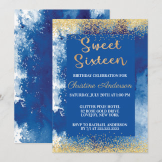 Sweet Sixteen Blue Gold Glitter Waterverf Kaart