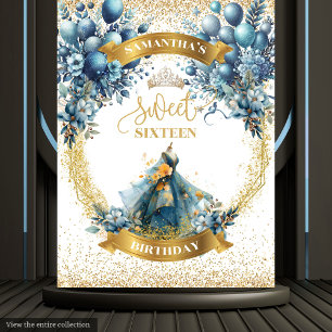 Sweet Sixteen Blue Gold Waterverf Jurk Achtergrond Wandkleed