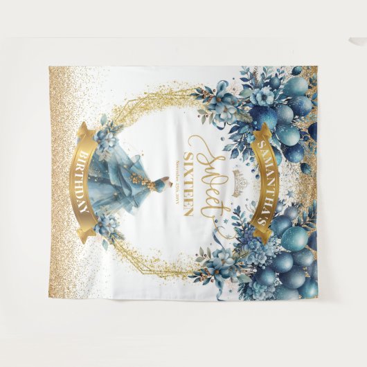 Sweet Sixteen Blue Gold Waterverf Sparkle Banner Wandkleed (Voorkant (horizontaal))