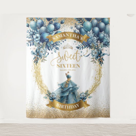 Sweet Sixteen Blue Gold Waterverf Sparkle Banner Wandkleed (Voorkant)