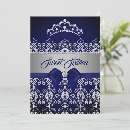 Sweet Sixteen Blue Navy Sparkle Diamond Tiara Bow Kaart (Staand voorkant)