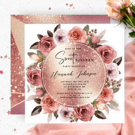 Sweet Sixteen Blush Floral Roos Gold Glitter Kaart