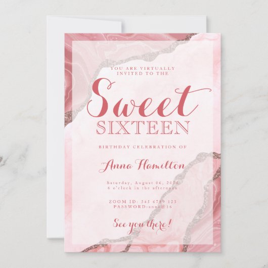 Sweet Sixteen Blush Pink Agate Virtual Birthday Kaart (Voorkant)