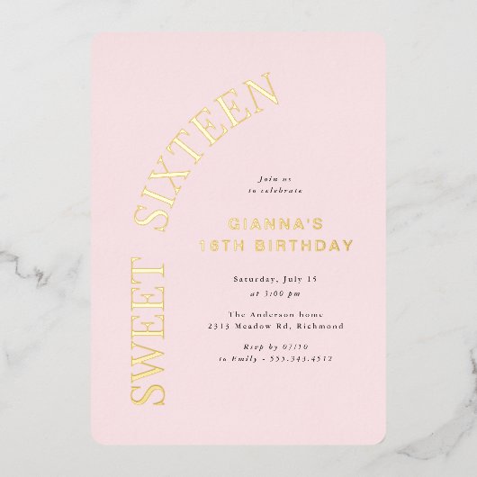 Sweet Sixteen | Blush roze en goud 16e verjaardag Folie Uitnodiging (Voorkant)