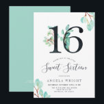 Sweet Sixteen | Botanische verjaardag Kaart<br><div class="desc">Een leuke en frisse 16e verjaardagsuitnodiging met frisse waterverf eucalyptus rondom uw unieke verjaardagsfeestinformatie. Het beschikt over waterverf nummers bedekt met wilde botanische groen. Aan de andere kant van de kaart is een energieke kleur groen om de voorkant aan te vullen.</div>