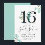 Sweet Sixteen | Botanische verjaardag Kaart<br><div class="desc">Een leuke en frisse 16e verjaardagsuitnodiging met frisse waterverf eucalyptus rondom uw unieke verjaardagsfeestinformatie. Het beschikt over waterverf nummers bedekt met wilde botanische groen. Aan de andere kant van de kaart is een energieke kleur groen om de voorkant aan te vullen.</div>