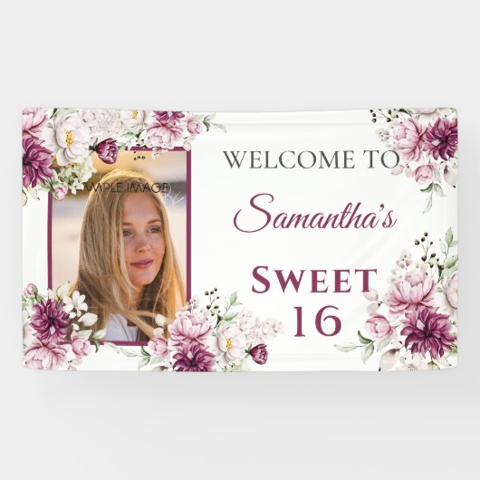 Sweet Sixteen Bourgogne en roze bloemen Spandoek (Horizontaal)