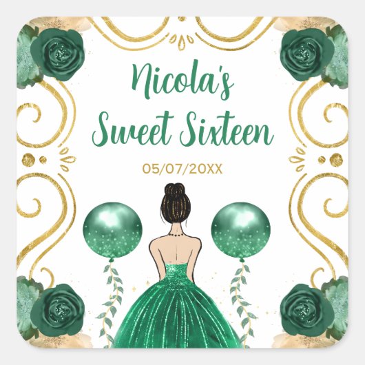 Sweet Sixteen Brown Hair Princess in Green Vierkante Sticker (Voorkant)