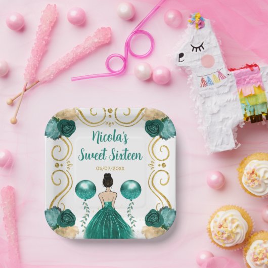 Sweet Sixteen Brown Hair Princess in het Blauwgroe Papieren Bordje (Feest)