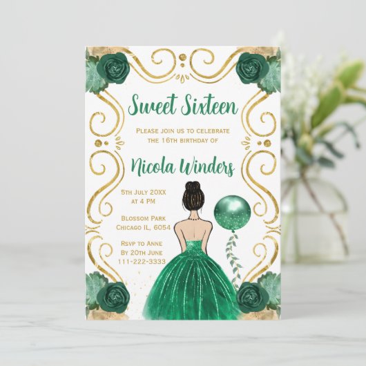 Sweet Sixteen Brown Hair Princess in het groen Kaart (Staand voorkant)