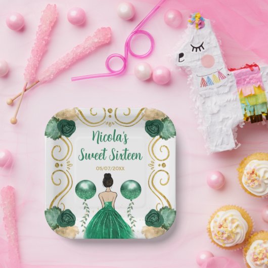 Sweet Sixteen Brown Hair Princess in het groen Papieren Bordje (Feest)