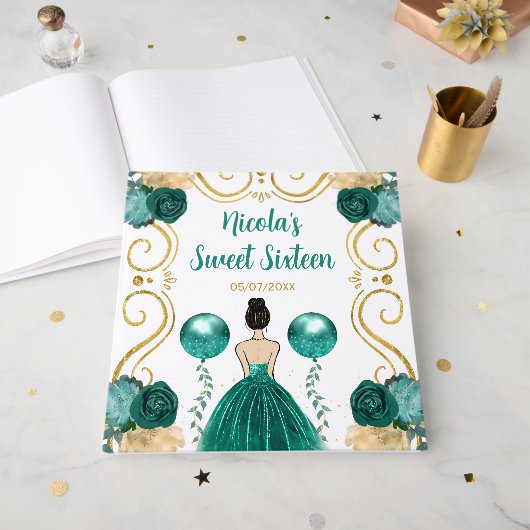 Sweet Sixteen Brown Hair Princess in Teal Gastenboek (Voorkant open)