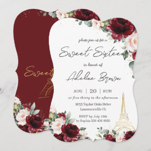 Sweet Sixteen Burgundy Blush Floral Eiffel Paris Kaart