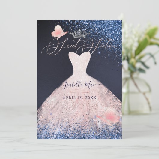 Sweet Sixteen Butterfly Blush Glitter Gown Navy Kaart (Staand voorkant)