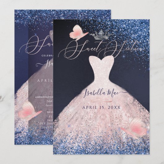 Sweet Sixteen Butterfly Blush Glitter Gown Navy Kaart (Voorkant / Achterkant)