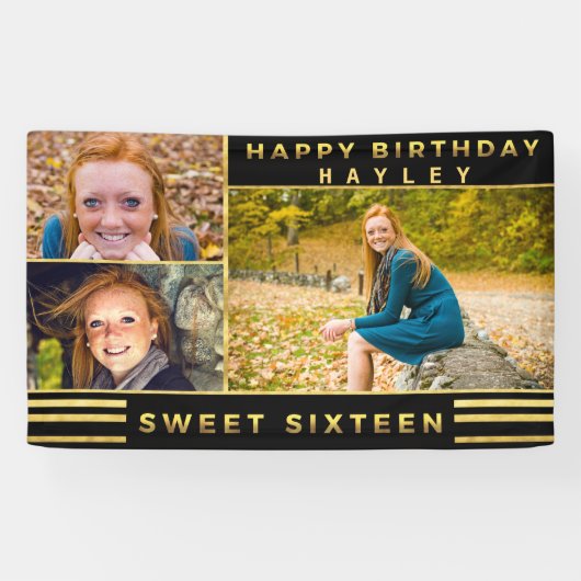 Sweet Sixteen Chic Gold Black Stripes Foto Spandoek (Horizontaal)