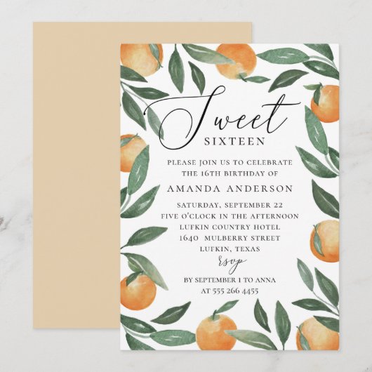 Sweet Sixteen | Citrus Sinaasappel & groen Verjaar Kaart (Voorkant / Achterkant)