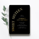 Sweet Sixteen | Cool Black en Gold 16e verjaardag Folie Uitnodiging<br><div class="desc">16 uitnodigingen met echte metallic folie. Zwart met Goud.</div>