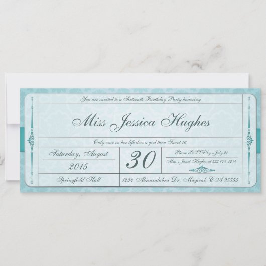 Sweet Sixteen Damask Ticket Invitation Kaart (Voorkant)