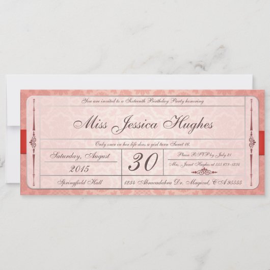 Sweet Sixteen Damask Ticket Invitation Kaart (Voorkant)
