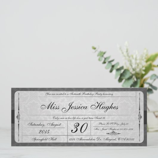 Sweet Sixteen Damask Ticket Invitation Kaart (Staand voorkant)