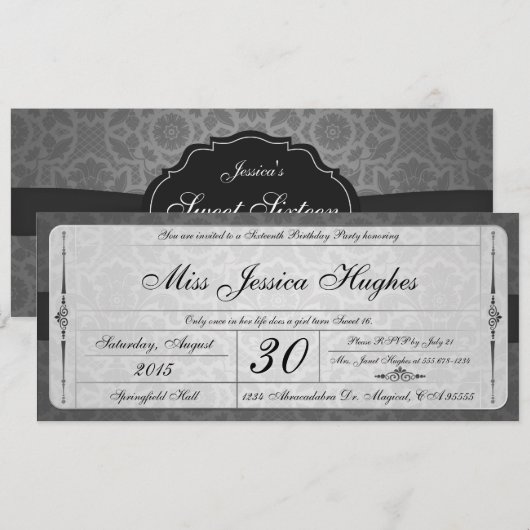 Sweet Sixteen Damask Ticket Invitation Kaart (Voorkant / Achterkant)