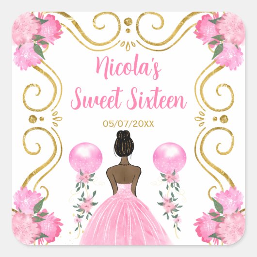 Sweet Sixteen Dark Skin Princess in Pink Vierkante Sticker (Voorkant)