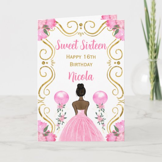 Sweet Sixteen Dark Skin Princess Roze Verjaardag Kaart (Voorkant)