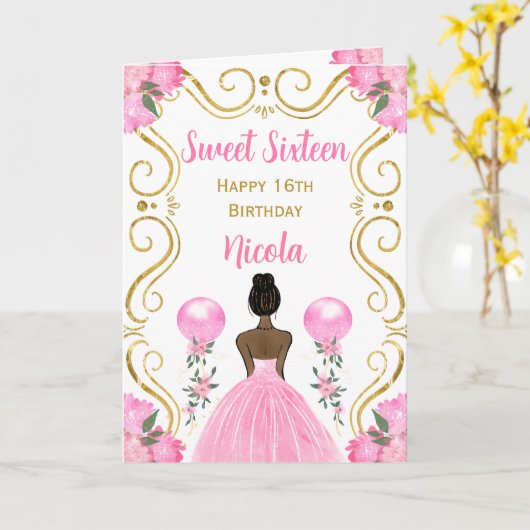 Sweet Sixteen Dark Skin Princess Roze Verjaardag Kaart (Gele Bloem)