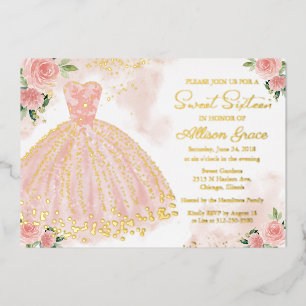 Sweet Sixteen Delicate Blush Gown Gold Folie Uitnodiging