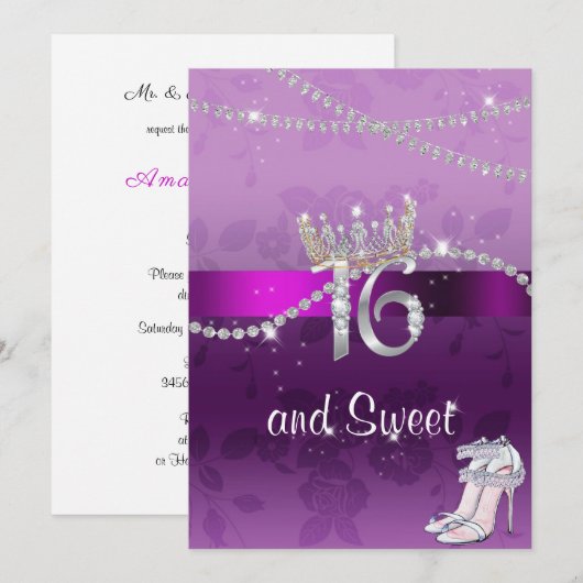Sweet Sixteen Diamonds Crown High Heels Paars Kaart (Voorkant / Achterkant)