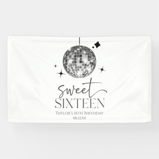 Sweet Sixteen Disco Ball 16e verjaardagsfeestje Spandoek (Horizontaal)