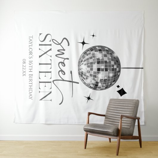 Sweet Sixteen Disco Ball 16e verjaardagsfeestje Wandkleed (In Situ (horizontaal))