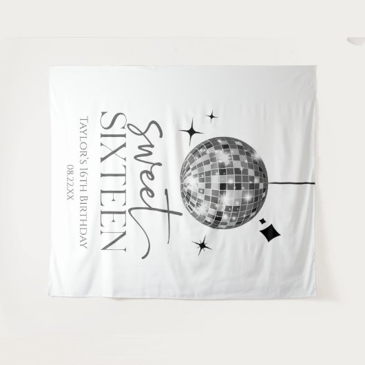 Sweet Sixteen Disco Ball 16e verjaardagsfeestje Wandkleed (Voorkant (horizontaal))