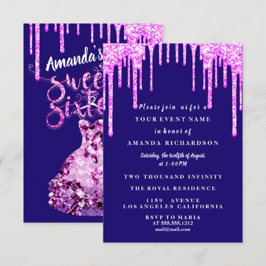 Sweet Sixteen dress glitter Drip Pink Drivers Blau Kaart (Voorkant / Achterkant)