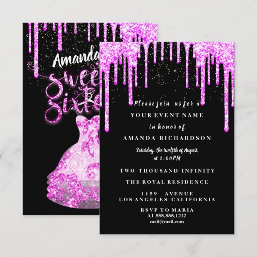 Sweet Sixteen Dress Glitter Drip Pink Drivers zwar Kaart (Voorkant / Achterkant)