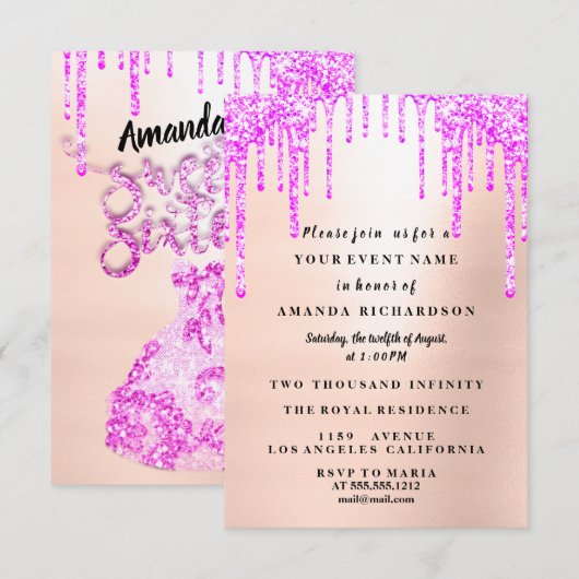 Sweet Sixteen Dress Glitter Drip Roze Drips Poeder Kaart (Voorkant / Achterkant)