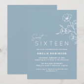 Sweet Sixteen Dusty Blue Airy Floral 16e verjaarda Kaart (Voorkant / Achterkant)