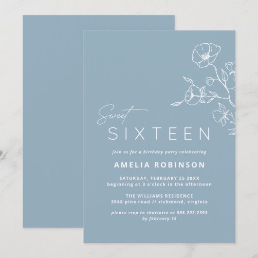 Sweet Sixteen Dusty Blue Airy Floral 16e verjaarda Kaart (Voorkant / Achterkant)