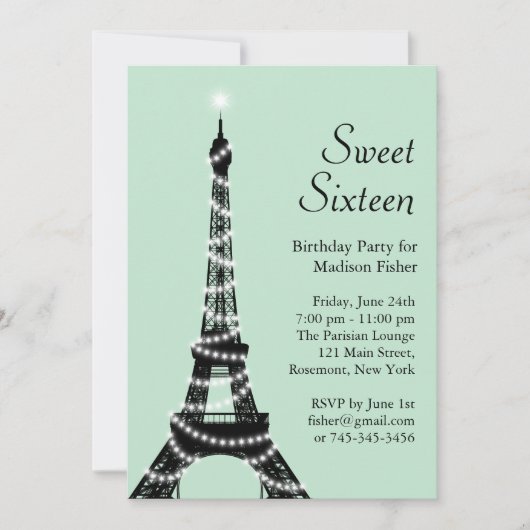 Sweet Sixteen Eiffeltoren Uitnodiging in Mint (Voorkant)